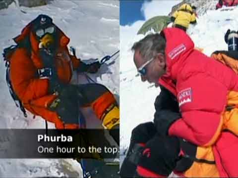 
Left: Tim Medvetz stops his ascent just one hour from the Everest summit. Right: Mark Inglis on his descent after becoming the first double amputee to summit Mount Everest - Everest: Beyond the Limit Season 1 (Discovery Channel) DVD

